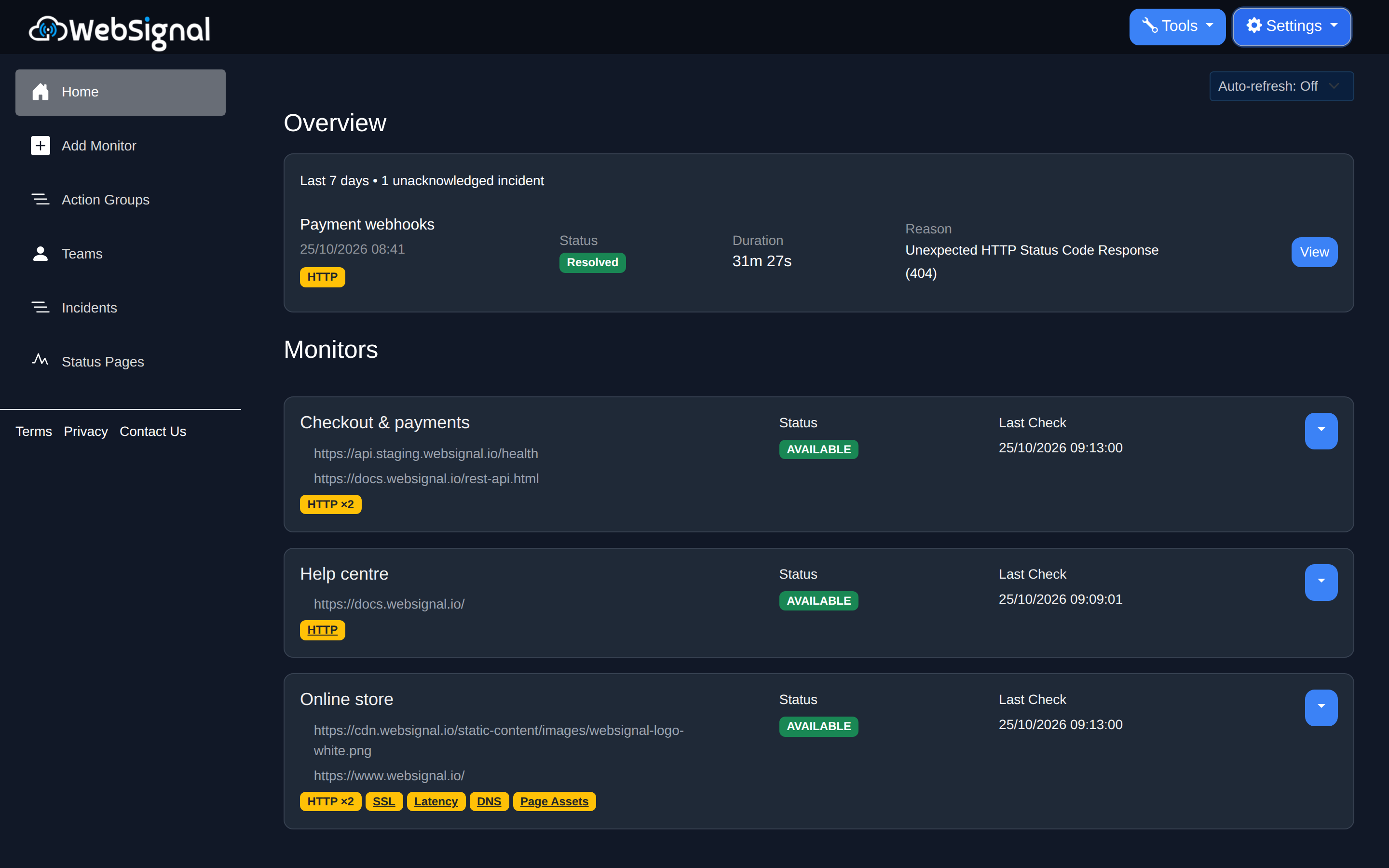 WebSignal dashboard with monitors grouped into services, each showing its status and the checks it runs