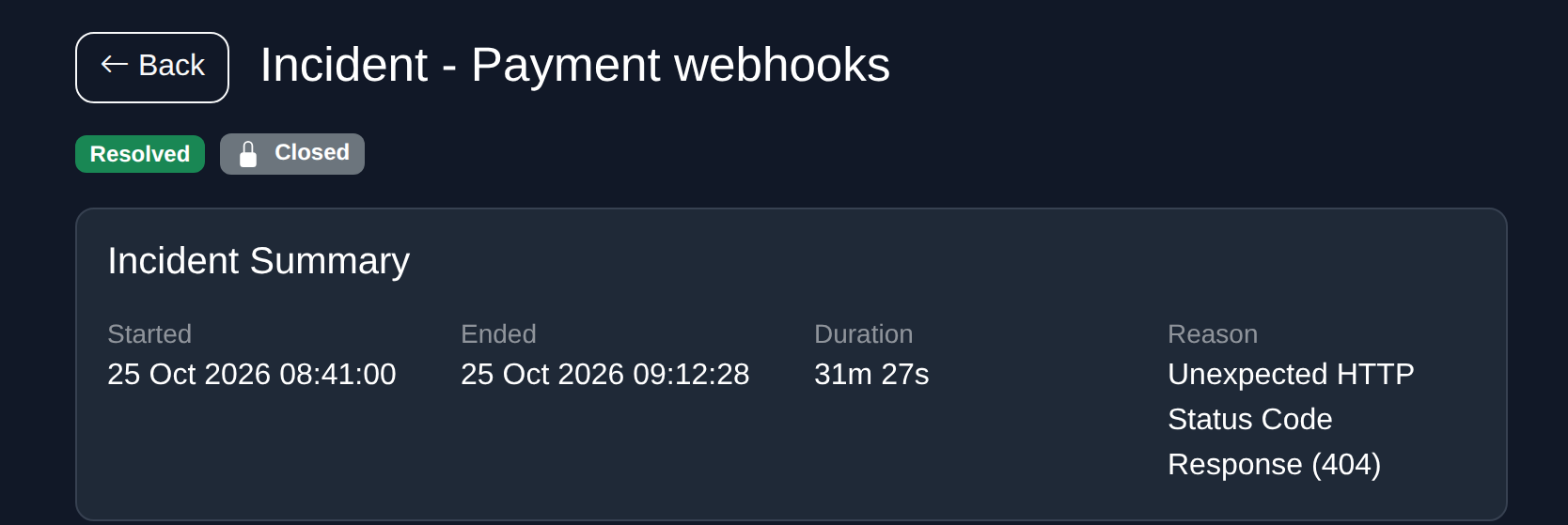 A resolved WebSignal incident showing when the outage started and ended, how long it lasted and why it failed