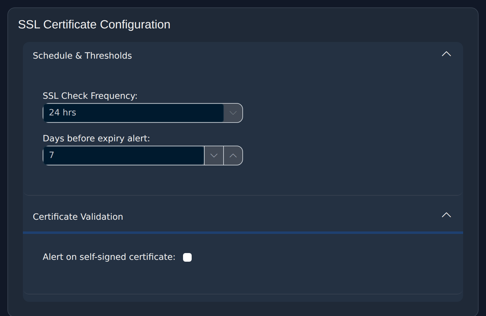 WebSignal SSL certificate settings: how often the certificate is checked and how many days before expiry to alert