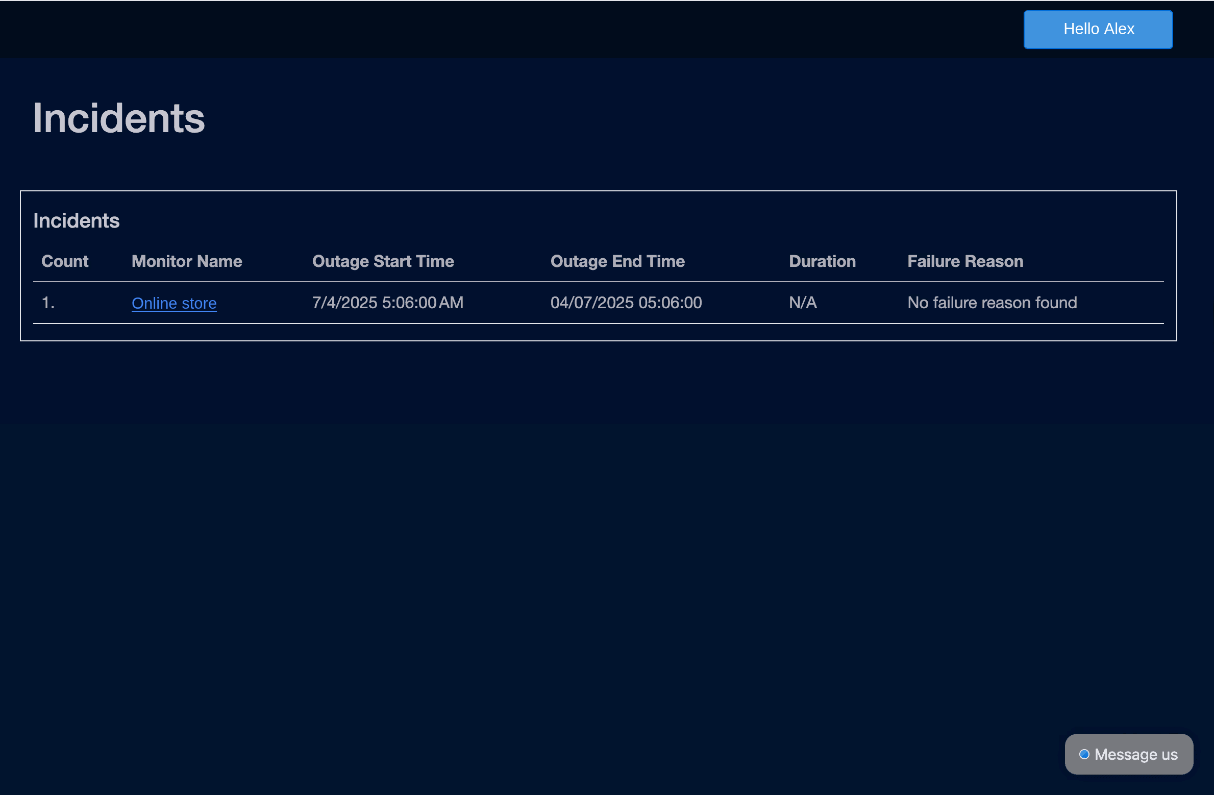 WebSignal incident view with outage timeline and failure details